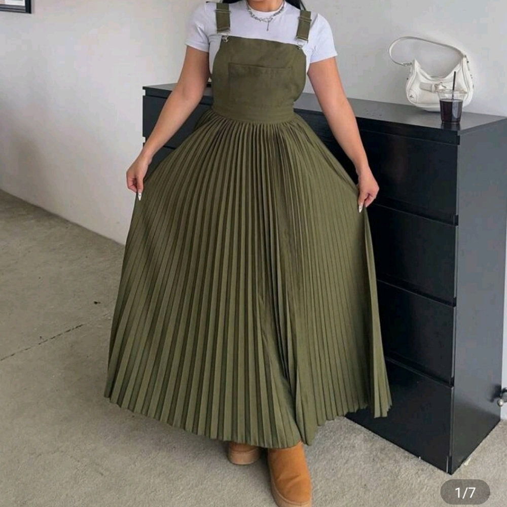 Olive Green Pleated Overall Dress